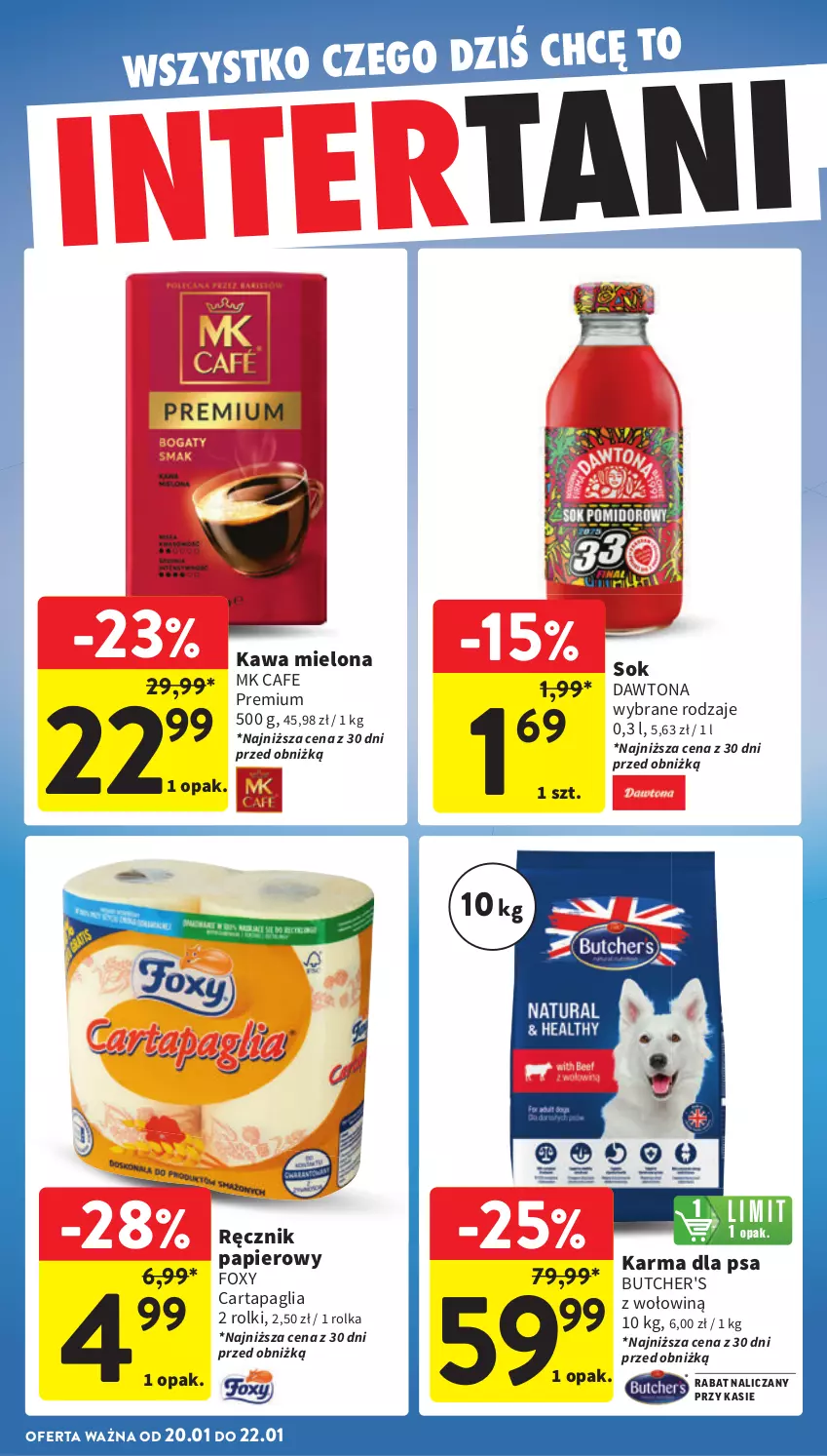 Gazetka promocyjna Intermarche - Gazetka Intermarche - ważna 16.01 do 22.01.2025 - strona 38 - produkty: Butcher's, Dawtona, Foxy, Kawa, Kawa mielona, Papier, Ręcznik, Rolki, Sok