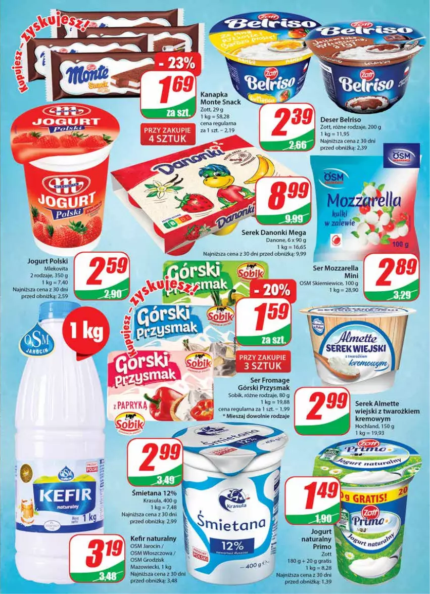 Gazetka promocyjna Dino - Gazetka 36 - ważna 06.09 do 12.09.2023 - strona 13 - produkty: Almette, Belriso, Danone, Danonki, Deser, Gra, Hochland, Jogurt, Kefir, Kefir naturalny, Mleko, Mlekovita, Monte, Mozzarella, Ser, Serek, Serek wiejski, Zott