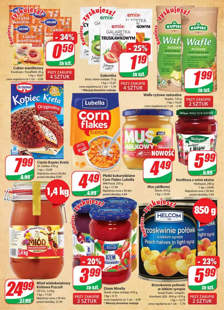 Gazetka promocyjna Dino - Gazetka 36 - ważna 06.09 do 12.09.2023 - strona 6 - produkty: Bell, Bella, Brzoskwinie, Corn flakes, Cukier, Cukier wanilinowy, Dr. Oetker, Gala, Galaretka, Gra, Herbapol, Koc, Konfitura, Kopiec Kreta, Kret, Kupiec, Lubella, Miód, Mus, Piec, Ryż, Syrop, Wafle