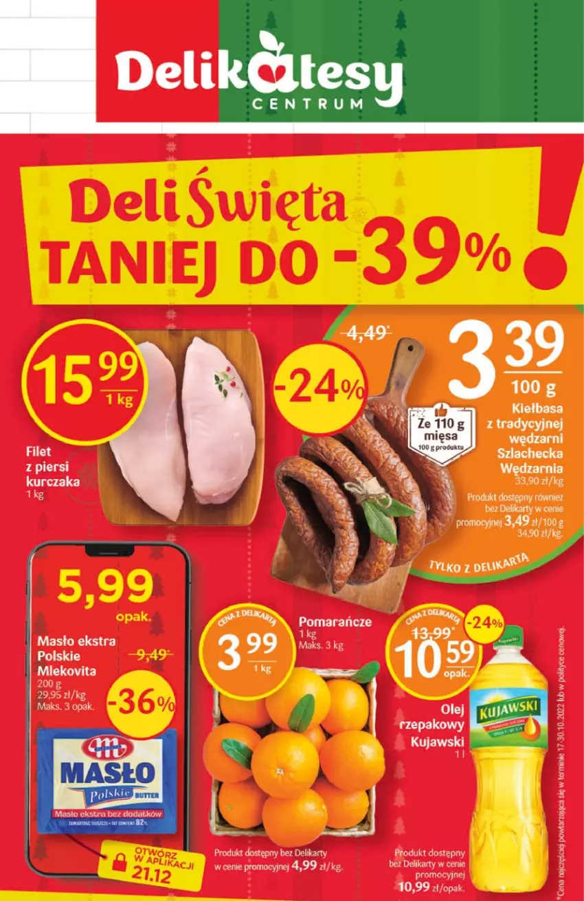 Gazetka promocyjna Delikatesy Centrum - Gazetka dodatkowa DC49 - ważna 20.12 do 26.12.2022 - strona 1 - produkty: Kiełbasa, Koc, Kujawski, Kurczak, Mleko, Mlekovita, Olej, Olej rzepakowy, Pomarańcze