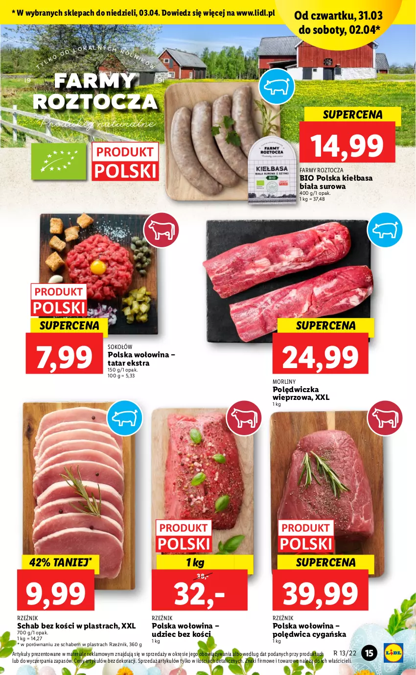 Gazetka promocyjna Lidl - GAZETKA - ważna 31.03 do 03.04.2022 - strona 15 - produkty: Fa, Kiełbasa, Kiełbasa biała, Morliny, Polędwica, Polędwiczka wieprzowa, Por, Schab bez kości, Sok, Sokołów, Wołowina