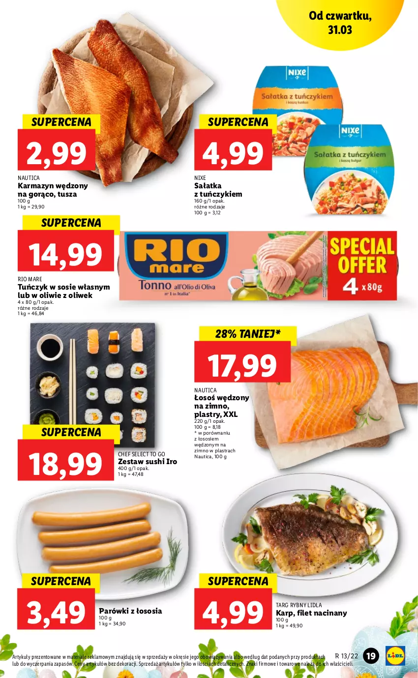 Gazetka promocyjna Lidl - GAZETKA - ważna 31.03 do 03.04.2022 - strona 19 - produkty: Karmazyn wędzony, Karp, Parówki, Por, Rio Mare, Sałat, Sałatka, Sos, Sushi, Tuńczyk, Tusz