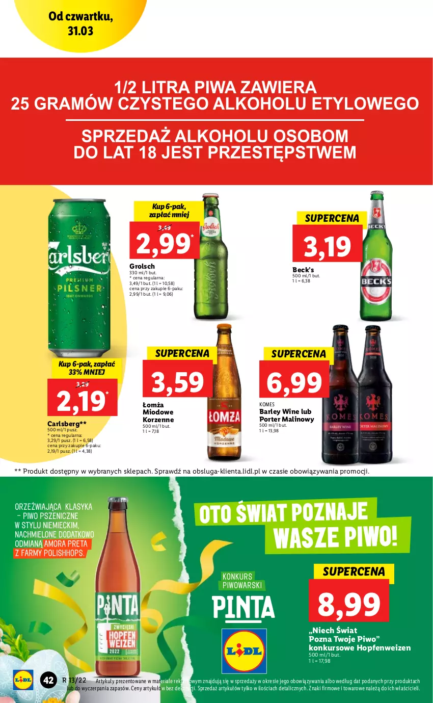 Gazetka promocyjna Lidl - GAZETKA - ważna 31.03 do 03.04.2022 - strona 42 - produkty: Carlsberg, Hopfe, Piwo, Por