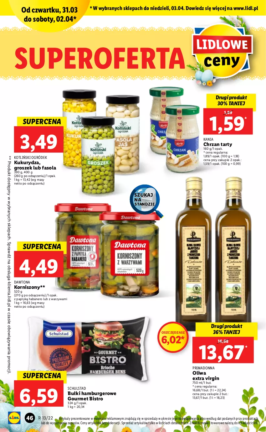 Gazetka promocyjna Lidl - GAZETKA - ważna 31.03 do 03.04.2022 - strona 46 - produkty: Burger, Chrzan, Dawtona, Fa, Fasola, Gin, Groszek, Hamburger, Korniszony, Kukurydza, Ogród, Prima, Warzywa