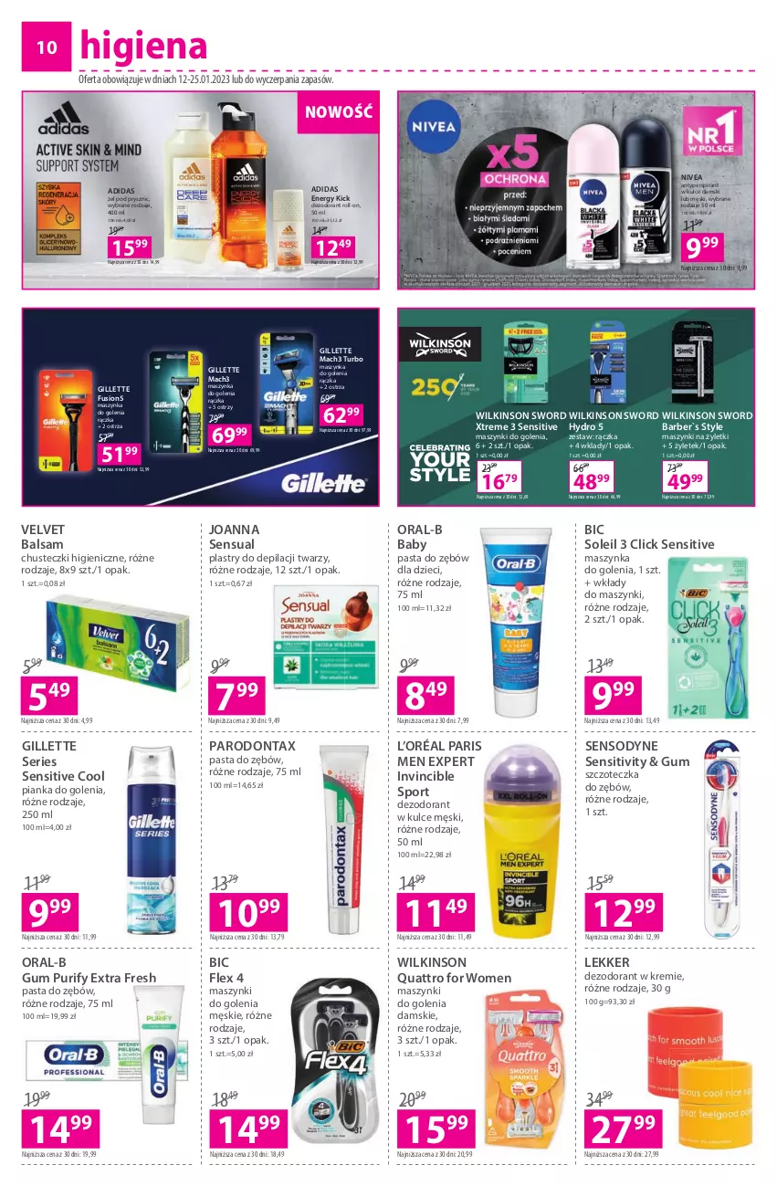 Gazetka promocyjna Hebe - Gazetka - ważna 12.01 do 25.01.2023 - strona 10 - produkty: Adidas, Antyperspirant, BIC, Chusteczki, Dezodorant, Dzieci, Fusion, Gillette, Joanna, L’Oréal, Mach3, Maszynka, Maszynka do golenia, Nivea, Parodontax, Pasta do zębów, Pianka do golenia, Plastry do depilacji, Por, Pur, Sensodyne, Sensual, Ser, Sport, Szczoteczka, Szczoteczka do zębów, Szynka, Velvet, Wilkinson Sword