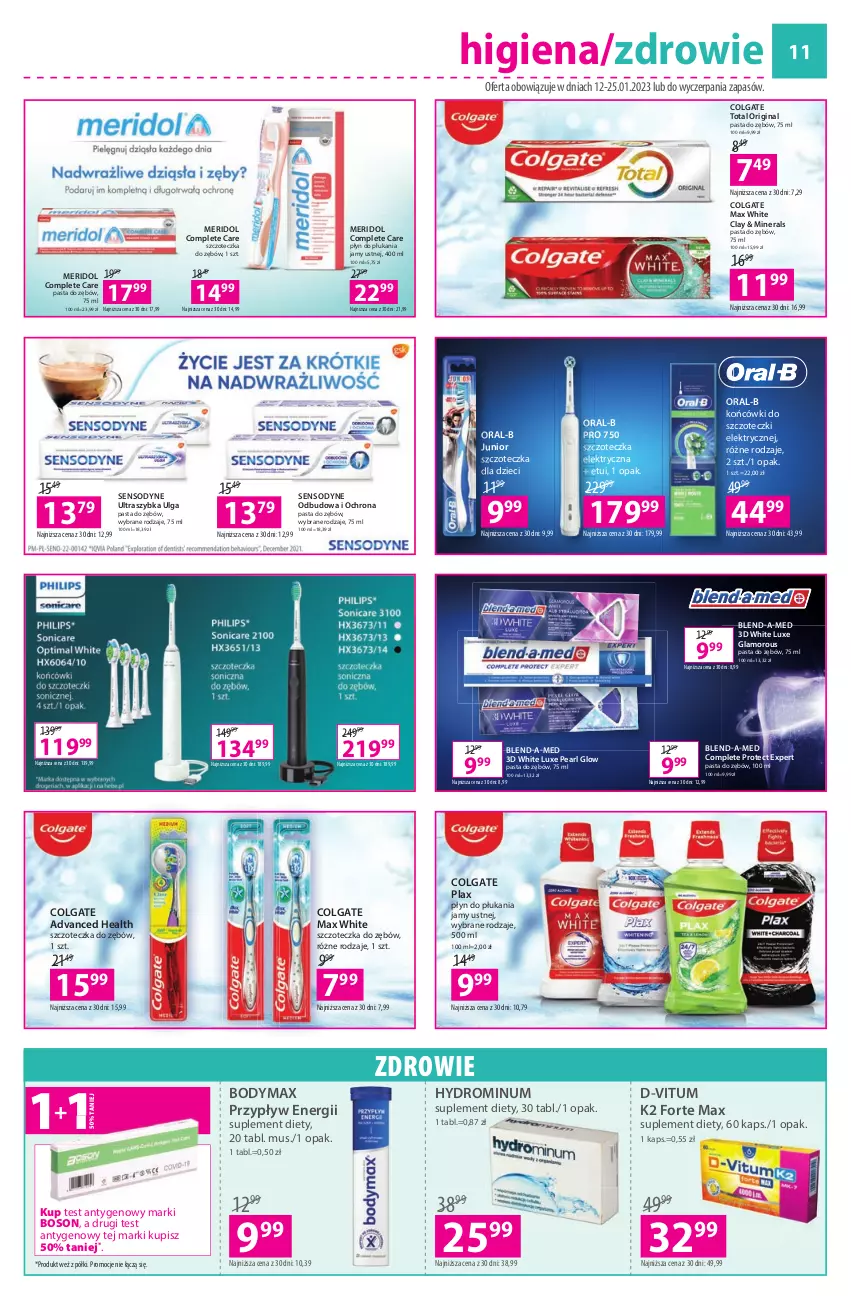 Gazetka promocyjna Hebe - Gazetka - ważna 12.01 do 25.01.2023 - strona 11 - produkty: Blend-a-Med, Body, Bodymax, Colgate, Colgate Total, D-Vitum, Dzieci, Gin, K2, Końcówki do szczoteczk, LG, Mus, Pasta do zębów, Płyn do płukania, Płyn do płukania jamy ustnej, Sensodyne, Suplement diety, Szczoteczka, Szczoteczka do zębów, Zdrowie