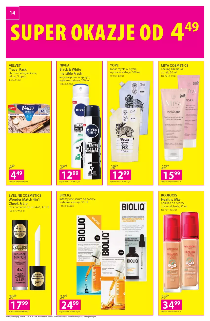 Gazetka promocyjna Hebe - Gazetka - ważna 12.01 do 25.01.2023 - strona 14 - produkty: Antyperspirant, Bourjois, Chusteczki, Eveline, Lack, Maska, Miya Cosmetics, Nivea, Peeling, Podkład, Podkład do twarzy, Rum, Ser, Serum, Serum do twarzy, Velvet, Yope, Zapas mydła w płynie