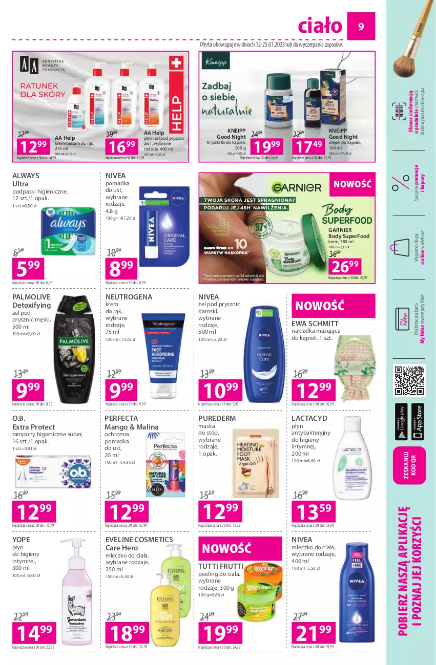 Gazetka promocyjna Hebe - Gazetka - ważna 12.01 do 25.01.2023 - strona 9 - produkty: Always, Always Ultra, Body, Eveline, Ewa Schmitt, Garnier, Kneipp, Kosz, Krem do rąk, Lactacyd, Mango, Maska, Maska do stóp, Mleczko, Mleczko do ciała, Neutrogena, Nivea, O.B., Olej, Palmolive, Peeling, Perfecta, Płyn do higieny intymnej, Podpaski, Pur, Rum, Skaner, Tampony, Telefon, Yope