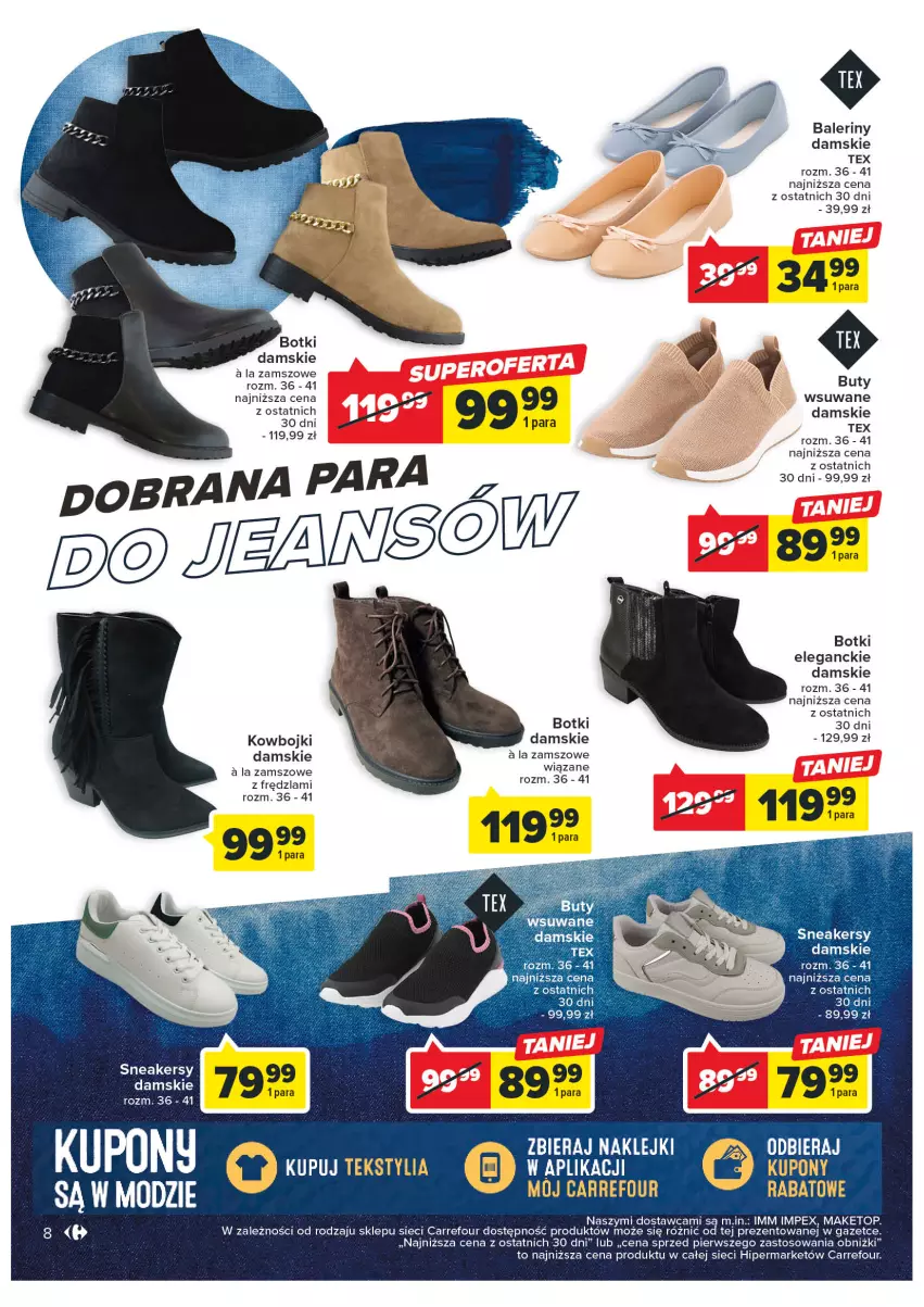 Gazetka promocyjna Carrefour - Gazetka Jeansowa moda - ważna 21.02 do 04.03.2023 - strona 10 - produkty: Baleriny, Botki, Buty, Sneakersy, Top