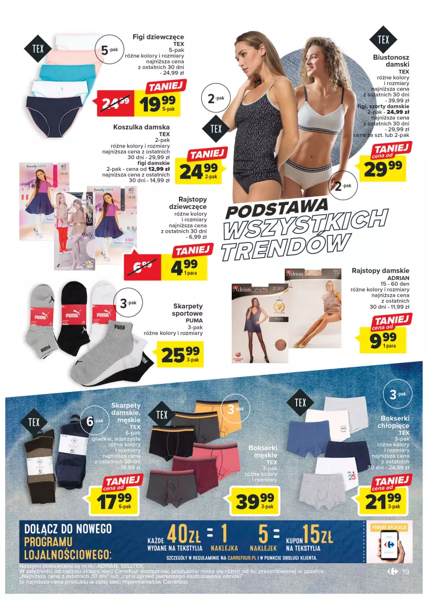 Gazetka promocyjna Carrefour - Gazetka Jeansowa moda - ważna 21.02 do 04.03.2023 - strona 21 - produkty: Biustonosz, Figi, Karp, Klej, Kosz, Koszulka, Por, Puma, Rajstopy, Sport, Top