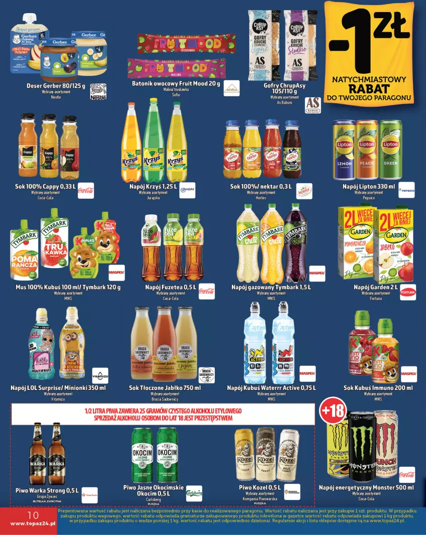 Gazetka promocyjna Topaz - Gazetka - ważna 21.11 do 27.11.2024 - strona 10 - produkty: Babuni, Cappy, Coca-Cola, Fortuna, Gra, Koc, Kozel, Kubuś, Kubuś Waterrr, Lipton, Mus, Napój, Napój energetyczny, Nektar, Okocim, Piwa, Piwo, Sok, Top, Tymbark