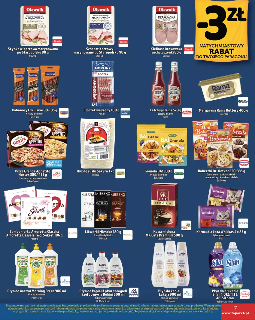 Gazetka promocyjna Topaz - Gazetka - ważna 21.11 do 27.11.2024 - strona 7 - produkty: Ba!, Babeczki, Bakalland, Boczek, Brandy, Dr. Oetker, Fa, Flora, Gra, Granola, Heinz, Hortex, Kabanos, Kawa, Kawa mielona, Ketchup, Kiełbasa, Kiełbasa krakowska, Kret, Luksja, Margaryna, Mars, Olewnik, Piec, Pieczarka, Pizza, Płyn do kąpieli, Płyn do płukania, Rama, Ryż, Ryż do sushi, Schab wieprzowy, Ser, Silan, Sushi, Szynka, Szynka wieprzowa, Tarczyński, Top, Whiskas, Whisky, Wódka