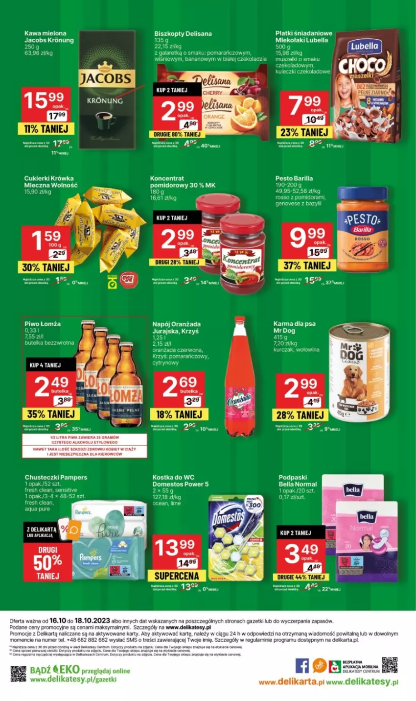 Gazetka promocyjna Delikatesy Centrum - Gazetka DC41 pon-sr - ważna 23.10 do 25.10.2023 - strona 6 - produkty: Barilla, Bazyl, Bell, Bella, Biszkopty, Chusteczki, Cukier, Cukierki, Danio, Domestos, Fa, Gala, Gra, Isana, Jacobs, Kawa, Kawa mielona, Kostka do wc, Kurczak, Lubella, Miecz, Mobil, Napój, Oranżada, Pampers, Pesto, Piec, Piwa, Piwo, Podpaski, Pur, Rum, Wołowina