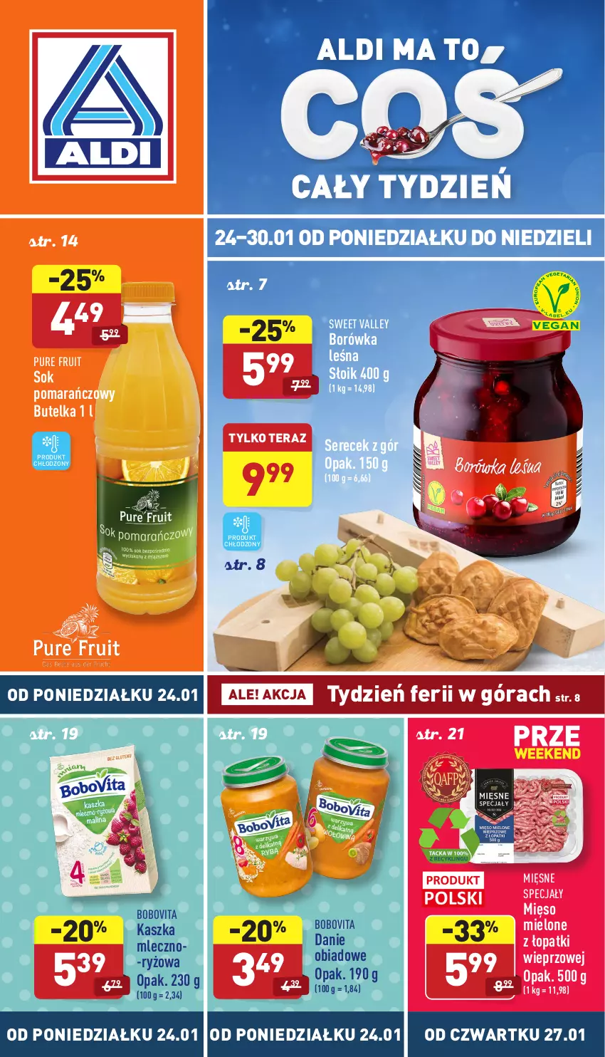 Gazetka promocyjna Aldi - Katalog spożywczy - ważna 24.01 do 30.01.2022 - strona 1 - produkty: BoboVita, Borówka, Mięsne specjały, Mięso, Mięso mielone, Mięso mielone z łopatki wieprzowej, Pur, Ryż, Ser, Sok, Sok pomarańczowy, Tera