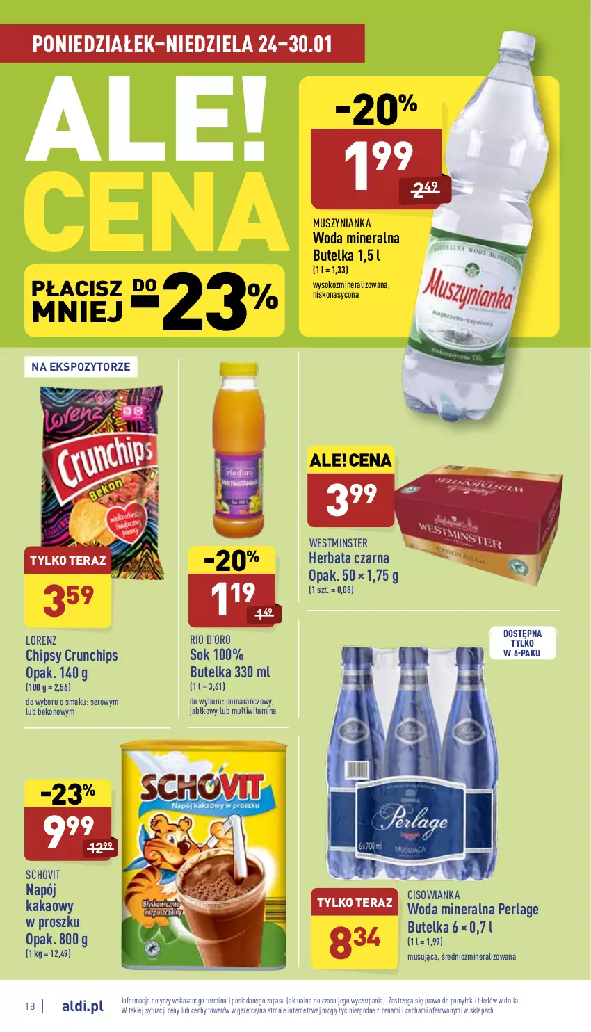 Gazetka promocyjna Aldi - Katalog spożywczy - ważna 24.01 do 30.01.2022 - strona 18 - produkty: Beko, Chipsy, Cisowianka, Crunchips, Herbata, Herbata czarna, Kakao, Lorenz, Mus, Muszynianka, Napój, Ser, Sok, Tera, Woda, Woda mineralna