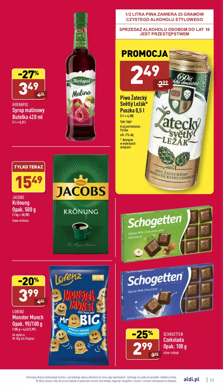 Gazetka promocyjna Aldi - Katalog spożywczy - ważna 24.01 do 30.01.2022 - strona 23 - produkty: Czekolada, Gin, Gra, Herbapol, Jacobs, Jacobs Krönung, Kawa, Kawa mielona, Lorenz, Monster Munch, Piwa, Piwo, Schogetten, Syrop, Tera