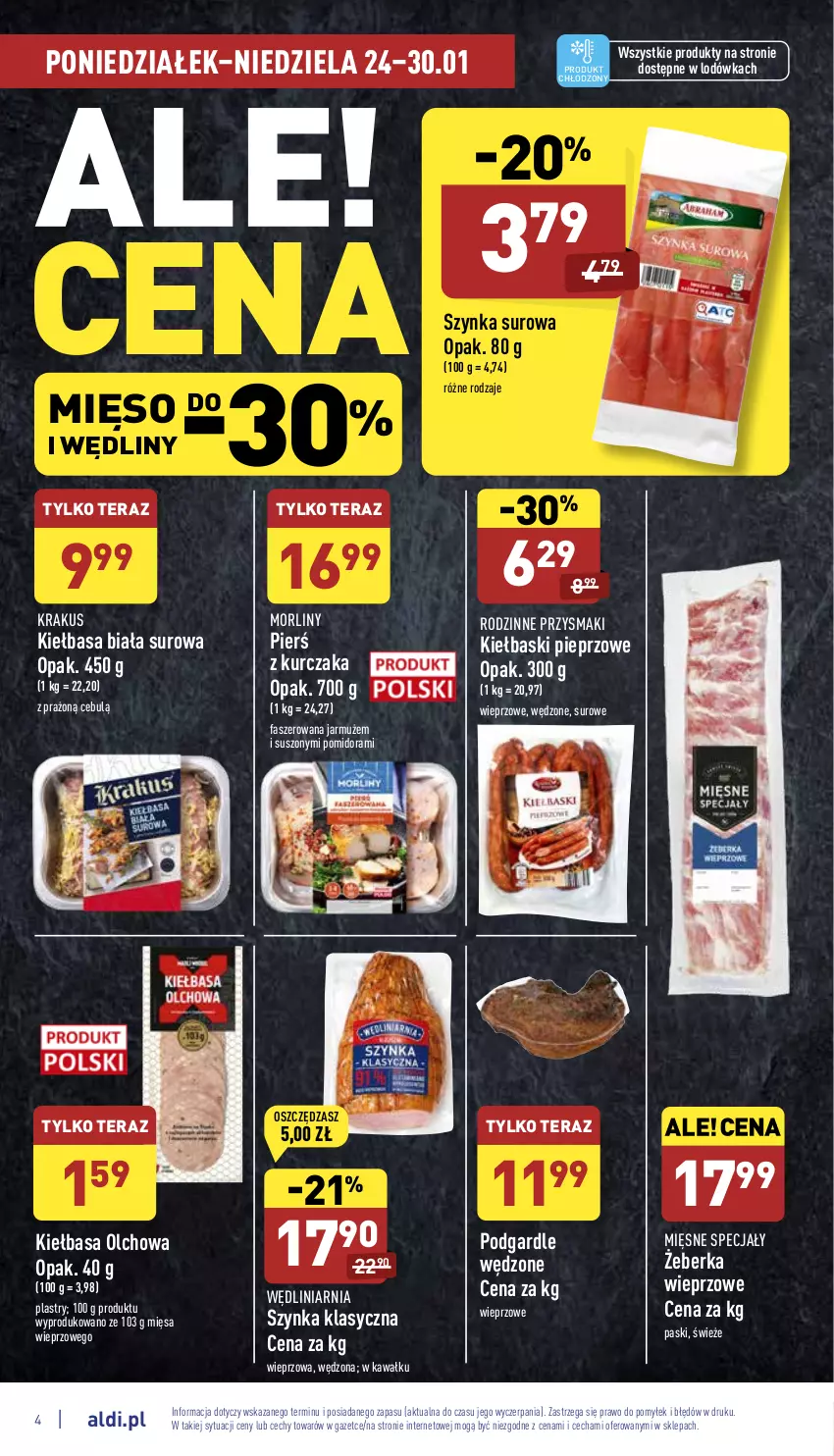 Gazetka promocyjna Aldi - Katalog spożywczy - ważna 24.01 do 30.01.2022 - strona 4 - produkty: Fa, Jarmuż, Kawa, Kiełbasa, Kiełbasa biała, Kiełbaski pieprzowe, Krakus, Kurczak, Lodówka, Mięsne specjały, Mięso, Morliny, Pieprz, Przysmaki, Szynka, Tera