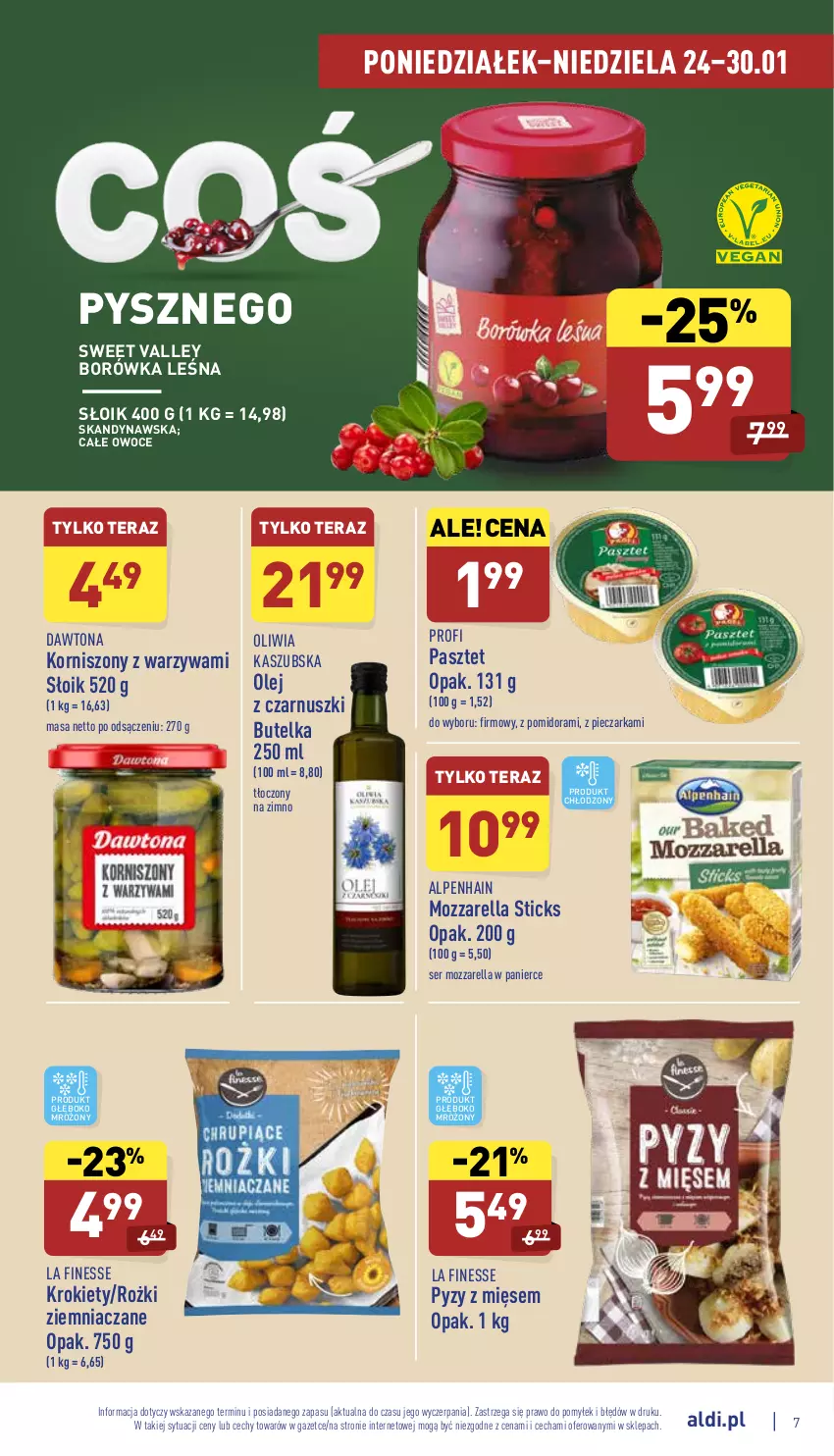 Gazetka promocyjna Aldi - Katalog spożywczy - ważna 24.01 do 30.01.2022 - strona 7 - produkty: Borówka, Dawtona, Korniszony, Krokiety, Mozzarella, Olej, Olej z czarnuszki, Owoce, Pasztet, Piec, Pieczarka, Ser, Tera, Warzywa