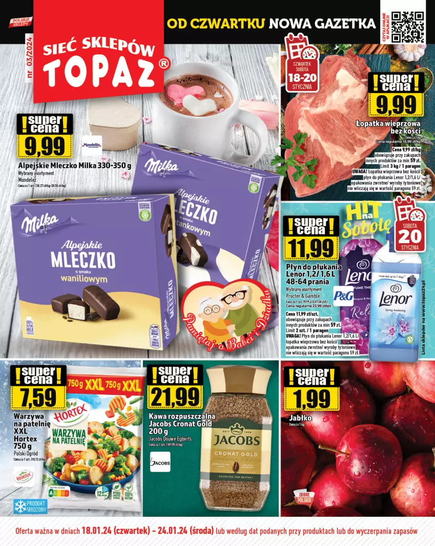 Gazetka promocyjna Topaz - Gazetka - ważna 18.01 do 24.01.2024 - strona 1 - produkty: Hortex, Jacobs, Lenor, LG, Milka, Mleczko, Ogród, Płyn do płukania, Waga