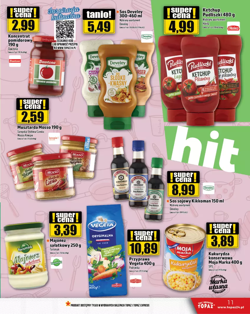 Gazetka promocyjna Topaz - Gazetka - ważna 18.01 do 24.01.2024 - strona 11 - produkty: Heinz, Ketchup, Koncentrat pomidorowy, Kukurydza, Majonez, Mus, Musztarda, Sałat, Ser, Sos, Sos sojowy, Top, Vegeta