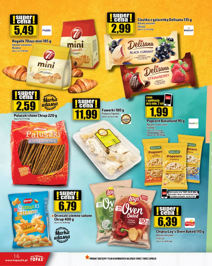 Gazetka promocyjna Topaz - Gazetka - ważna 18.01 do 24.01.2024 - strona 16 - produkty: Bakalland, Biszkopty, Chipsy, Ciastka, Fa, Faworki, Gala, Isana, Kakao, Lack, NBA, Popcorn, Rogal, Ser, Top