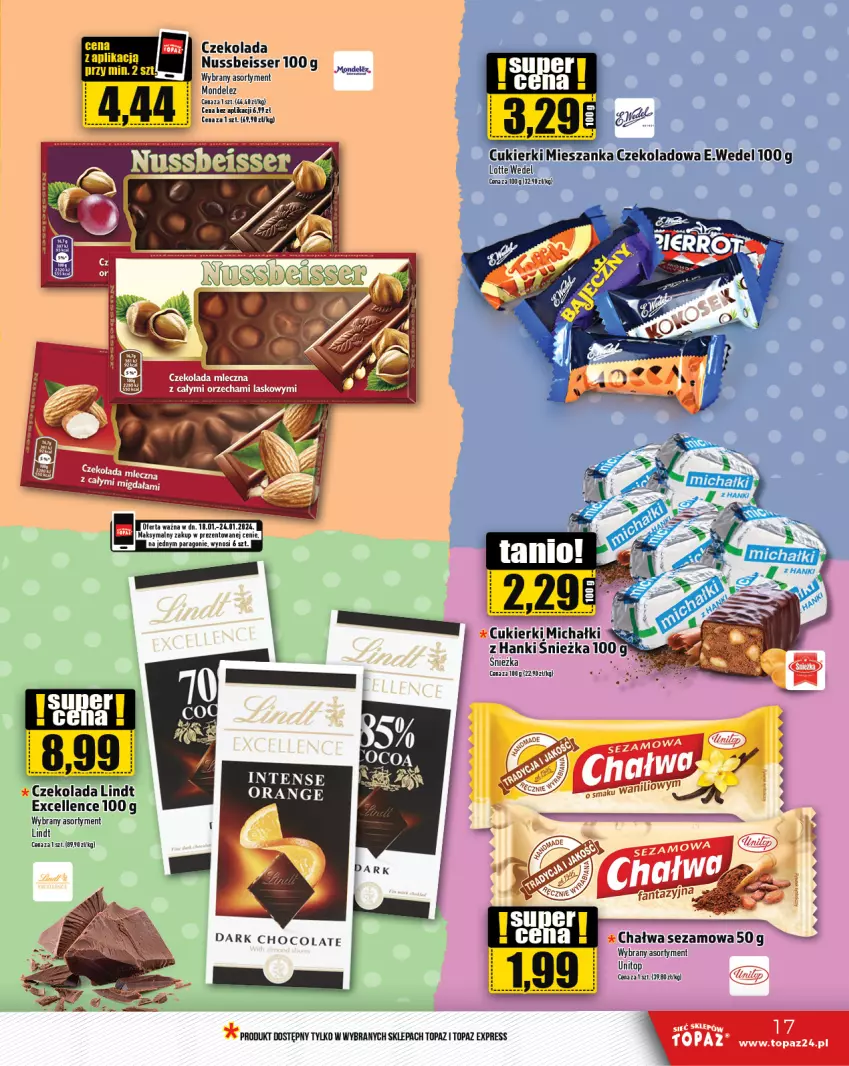 Gazetka promocyjna Topaz - Gazetka - ważna 18.01 do 24.01.2024 - strona 17 - produkty: Chałwa, Cukier, Cukierki, Czekolada, Lindt, Michałki, Ser, Sezam, Top