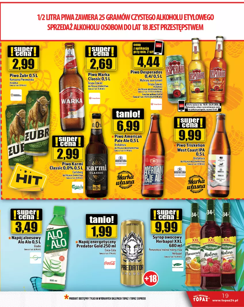 Gazetka promocyjna Topaz - Gazetka - ważna 18.01 do 24.01.2024 - strona 19 - produkty: Carlsberg, Coca-Cola, Desperados, Fa, Gra, Herbapol, Karmi, Lion, Napój, Napój energetyczny, Piwa, Piwo, Syrop, Top, Warka