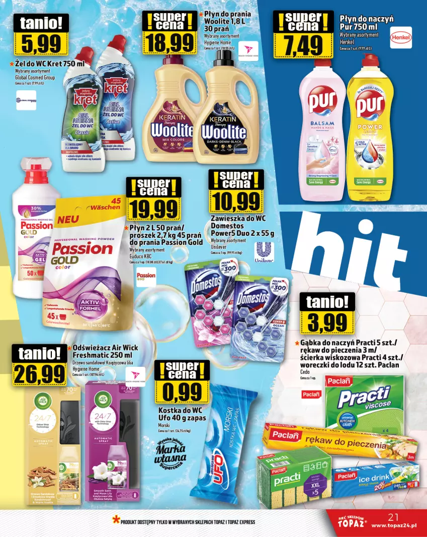 Gazetka promocyjna Topaz - Gazetka - ważna 18.01 do 24.01.2024 - strona 21 - produkty: Domestos, Kostka do wc, Kret, Piec, Rękaw do pieczenia, Top, Woolite, Woreczki do lodu, Zawieszka do wc