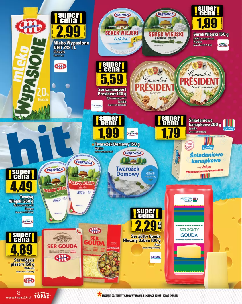 Gazetka promocyjna Topaz - Gazetka - ważna 18.01 do 24.01.2024 - strona 8 - produkty: Danio, EPEE, Gouda, HP, Mleko, Mlekovita, Piątnica, Ser, Serek, Serek wiejski, Top, Twaróg, Vita C