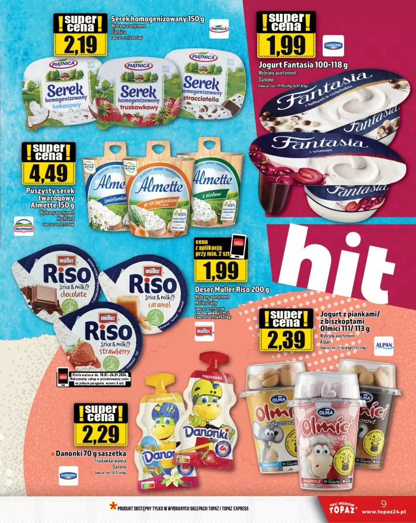 Gazetka promocyjna Topaz - Gazetka - ważna 18.01 do 24.01.2024 - strona 9 - produkty: Danone, Danonki, Fa, Fanta, Hochland, Jogurt, Piątnica, Ser, Serek, Top