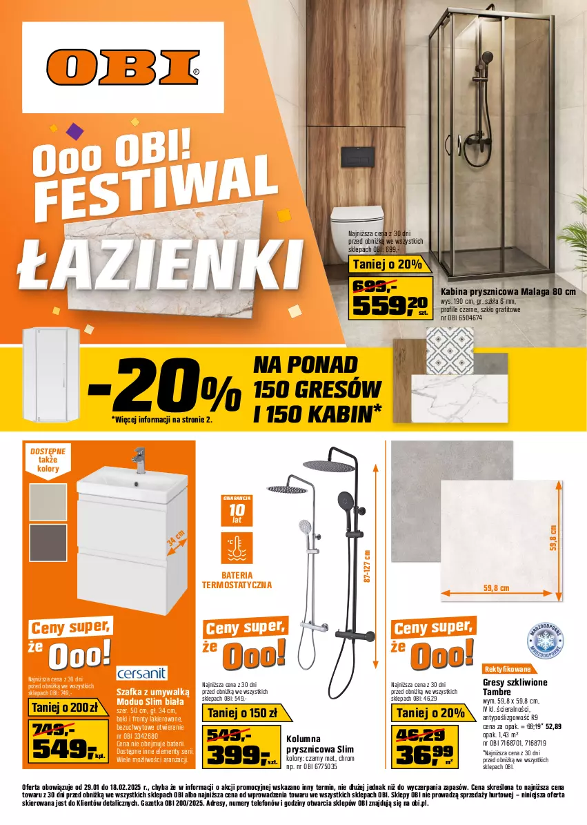 Gazetka promocyjna Obi - Gazetka OBI - ważna 29.01 do 18.02.2025 - strona 1 - produkty: Bateria, Dres, Gra, Gres, Kabina prysznicowa, Lakier, Ser, Szafka, Szkło grafitowe, Telefon, Termos