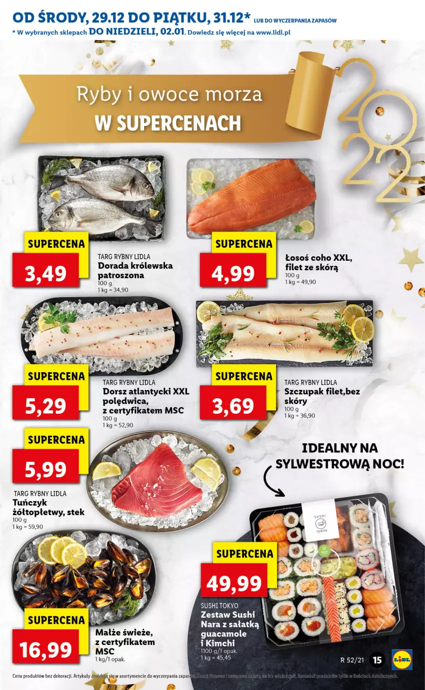 Gazetka promocyjna Lidl - GAZETKA - ważna 29.12.2021 do 02.01.2022 - strona 15 - produkty: Amol, Dorsz, Małże, Polędwica, Sałat, Stek, Sushi, Top, Tuńczyk, Zupa