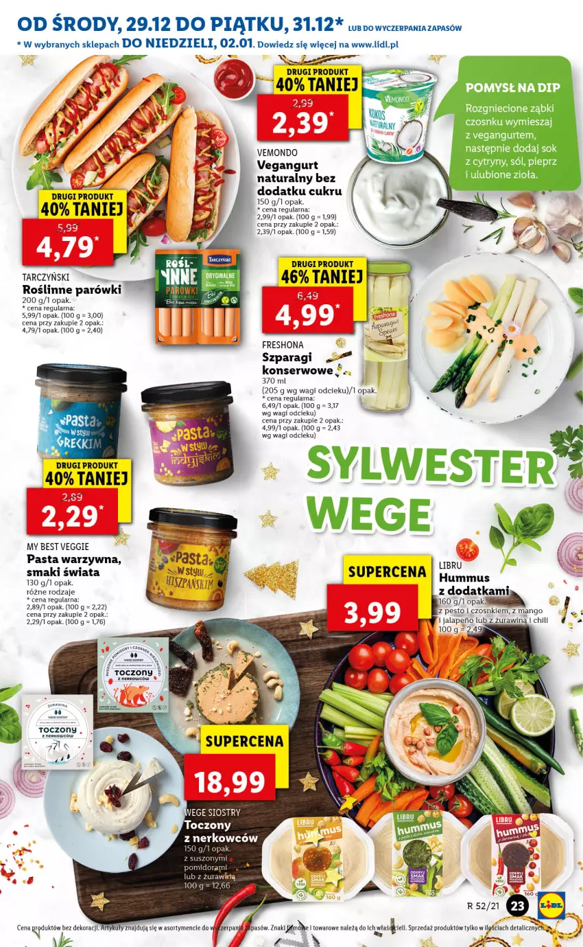 Gazetka promocyjna Lidl - GAZETKA - ważna 29.12.2021 do 02.01.2022 - strona 23 - produkty: Cytryny, Fa, Hummus, Mango, Mus, Parówki, Pasta warzywna, Pesto, Pieprz, Ser, Sok, Sól, Tarczyński, Vegangurt, Wagi