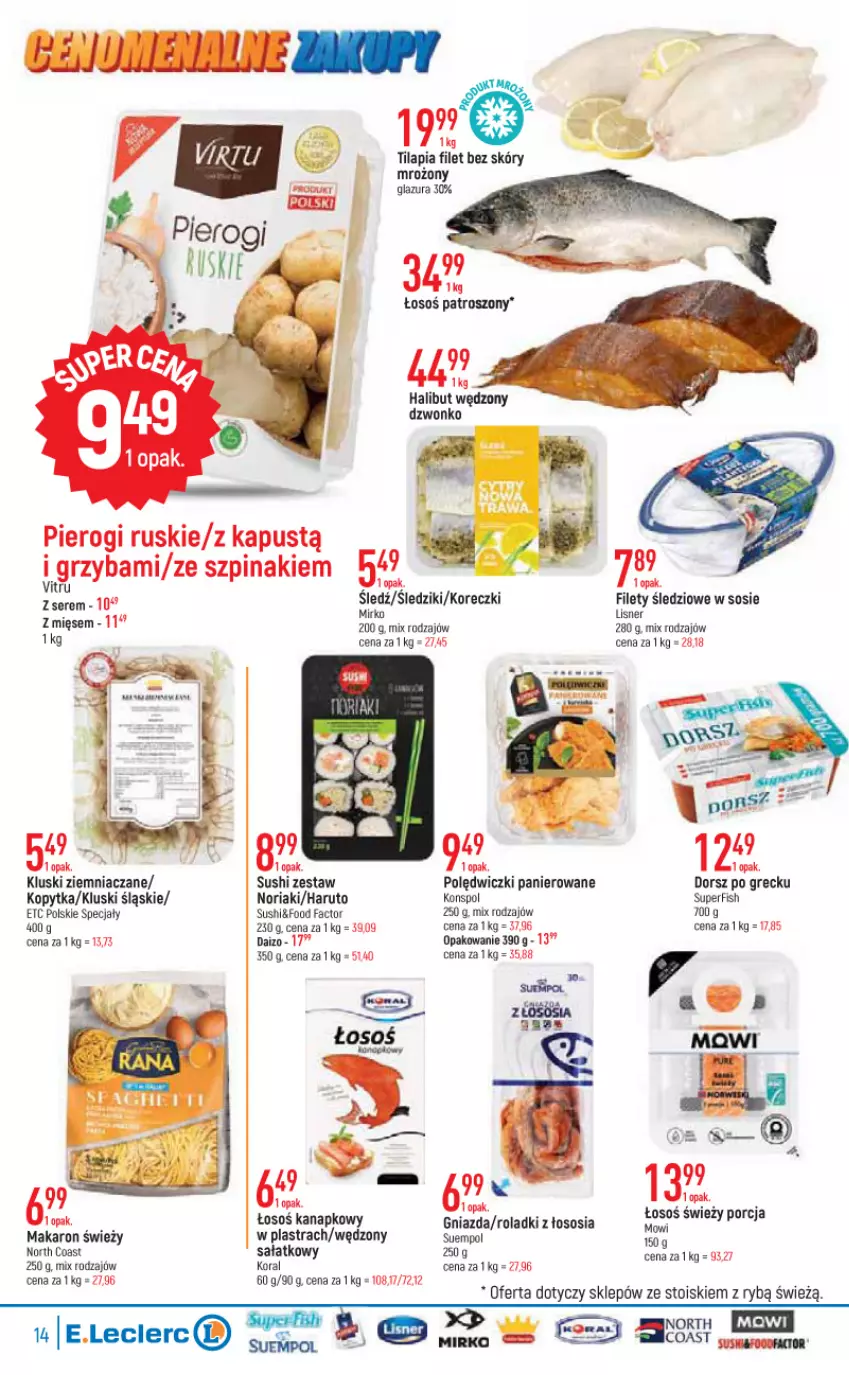 Gazetka promocyjna E Leclerc - ważna 13.09 do 24.09.2022 - strona 14 - produkty: Dorsz, Fa, Glazura, Halibut, Kapustą, Kopytka, Lazur, Lisner, Makaron, Pierogi, Polędwiczki panierowane, Por, Sałat, Ser, Sos, Suempol, Sushi, Szpinak, Tilapia