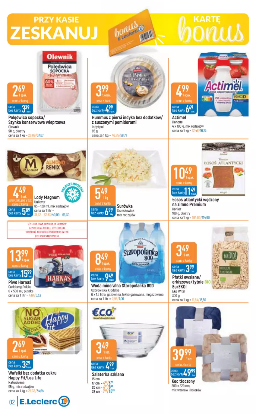 Gazetka promocyjna E Leclerc - ważna 13.09 do 24.09.2022 - strona 2 - produkty: Actimel, Carlsberg, Danone, Harnaś, Hummus, Koc, LANA, Lody, Mus, Olewnik, Piwo, Płatki owsiane, Polędwica, Salaterka, Ser, Staropolanka, Surówka, Szynka, Szynka konserwowa, Woda, Woda mineralna