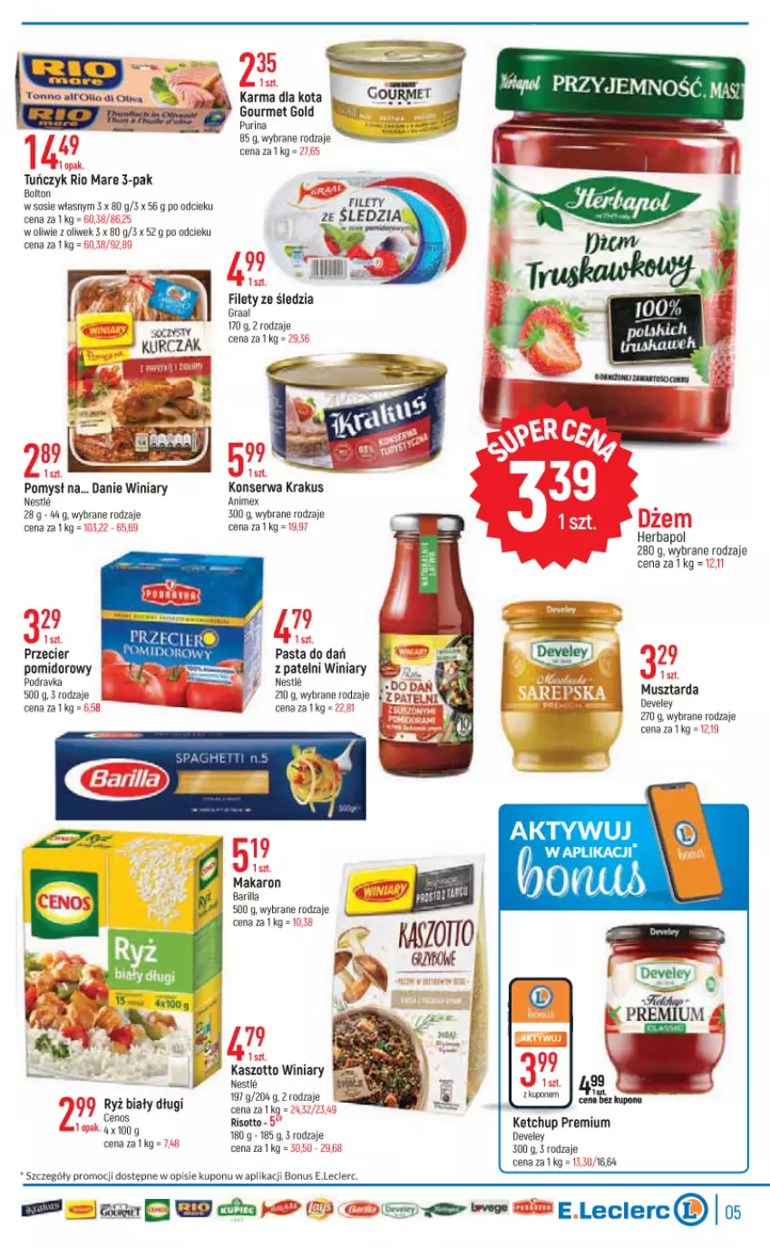 Gazetka promocyjna E Leclerc - ważna 13.09 do 24.09.2022 - strona 5 - produkty: Barilla, Gourmet Gold, Gra, Graal, Ketchup, Krakus, Kurczak, Podravka, Pur, Purina, Rio Mare, Ryż, Ryż biały, Ser, Sos, Tuńczyk, Winiary, Zott