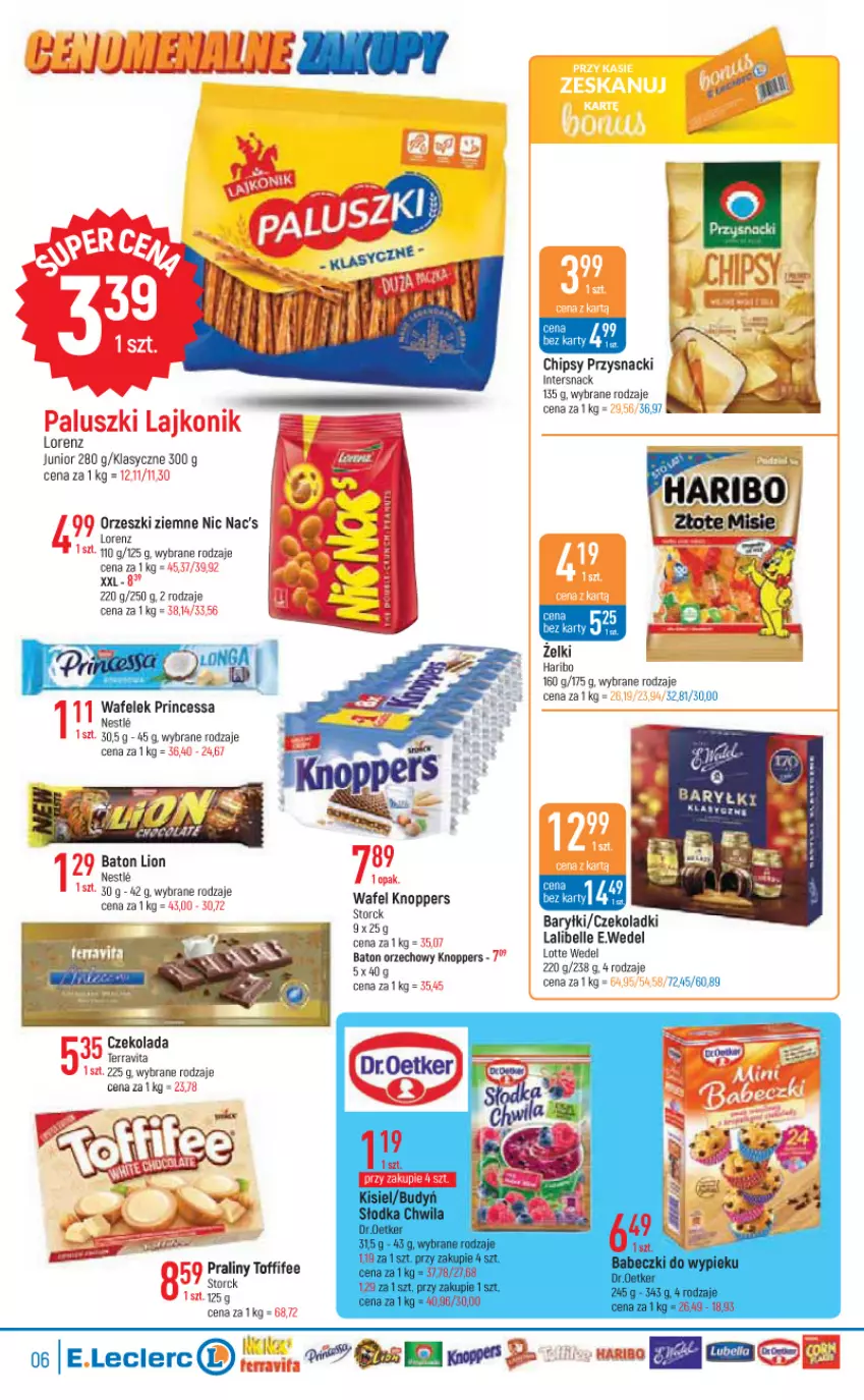 Gazetka promocyjna E Leclerc - ważna 13.09 do 24.09.2022 - strona 6 - produkty: Baton, Bell, Chipsy, Czekolada, Haribo, Knoppers, Lion, Lorenz, Orzeszki, Orzeszki ziemne, Por, Praliny, Princessa, Przysnacki, Saga, Toffifee, Wafelek