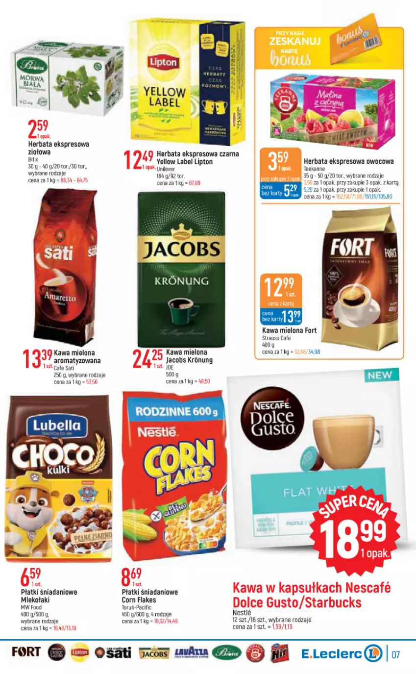 Gazetka promocyjna E Leclerc - ważna 13.09 do 24.09.2022 - strona 7 - produkty: Bell, Bella, Cif, Corn flakes, Danio, Herbata, Jacobs, Kawa, Kawa mielona, Lipton, Lubella, Sati, Teekanne