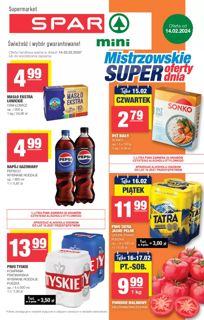 Gazetka promocyjna Spar - Spar-Mini - ważna 11.02 do 21.02.2024 - strona 1 - produkty: Masło, Napój, Napój gazowany, Pepsi, Piwo, Tyskie