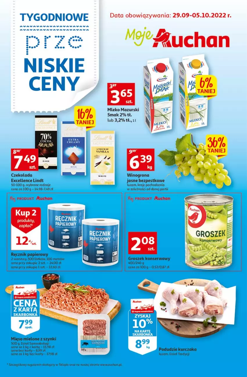 Gazetka promocyjna Auchan - Gazetka TYGODNIOWE przeNISKIE CENY – Moje Auchan - ważna 29.09 do 05.10.2022 - strona 1 - produkty: Czekolada, EPEE, Fa, Gin, Groszek, Kurczak, Lindt, Mięso, Mięso mielone, Mięso mielone z szynki, Mleko, Papier, Ręcznik, Ser, Wino, Winogrona