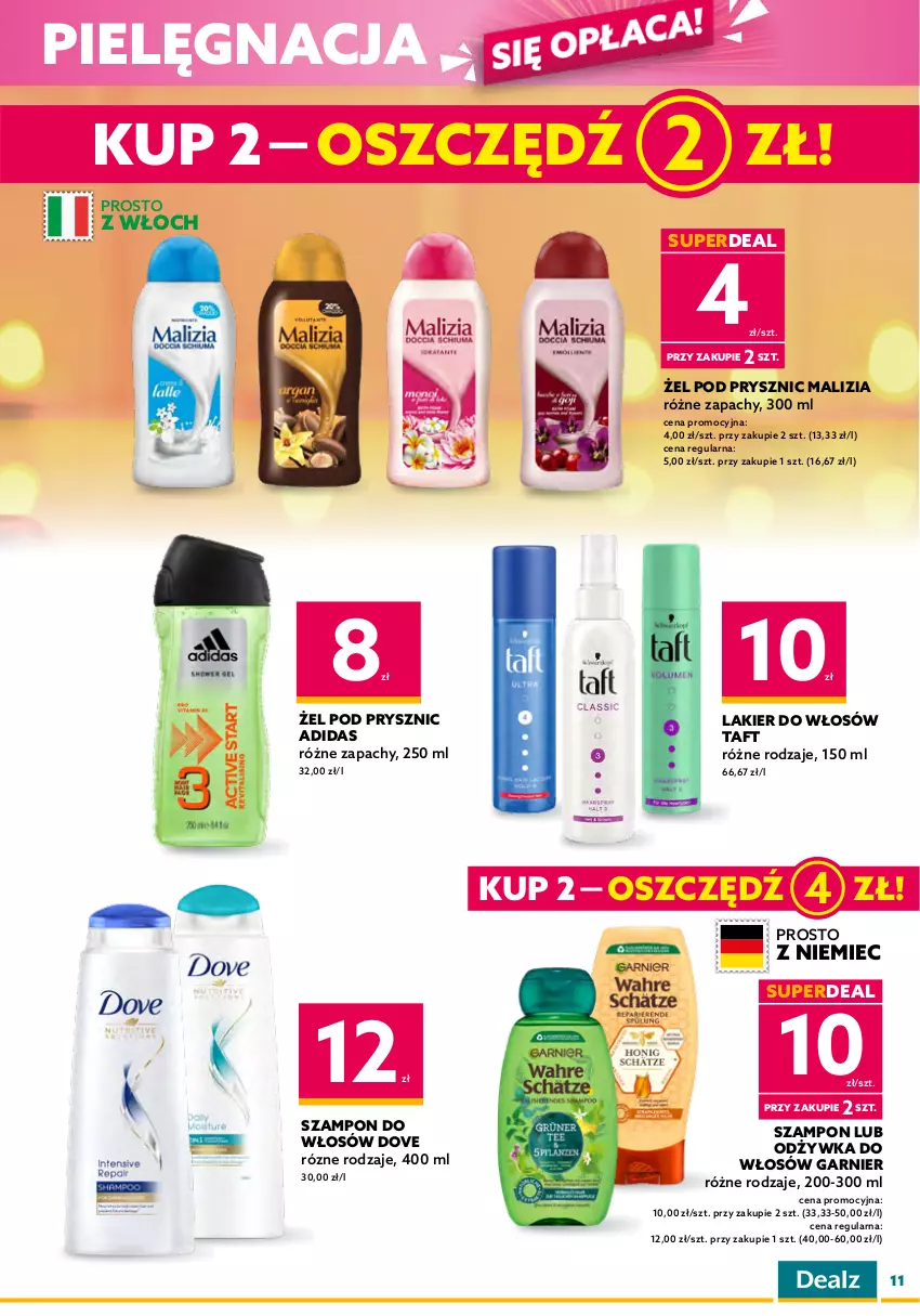 Gazetka promocyjna Dealz - NOWA GAZETKADeal się opłaca! - ważna 25.01 do 07.02.2023 - strona 11 - produkty: Adidas, Chupa Chups, Dove, Garnier, Krem do rąk, Lakier, Lakier do włosów, Malizia, Odżywka, Perfum, Ser, Szampon, Taft