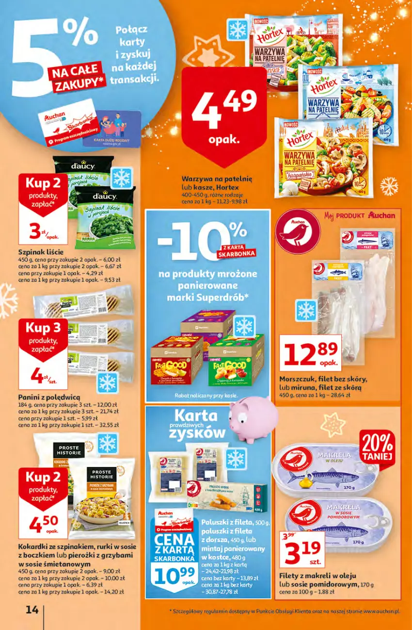 Gazetka promocyjna Auchan - Magia rabatów Hipermarkaty - ważna 12.11 do 17.11.2021 - strona 14 - produkty: Dorsz, Drób, Fa, Hortex, Mintaj, Miruna, Olej, Produkty mrożone, Rurki, Sos, Szpinak, Tran, Warzywa