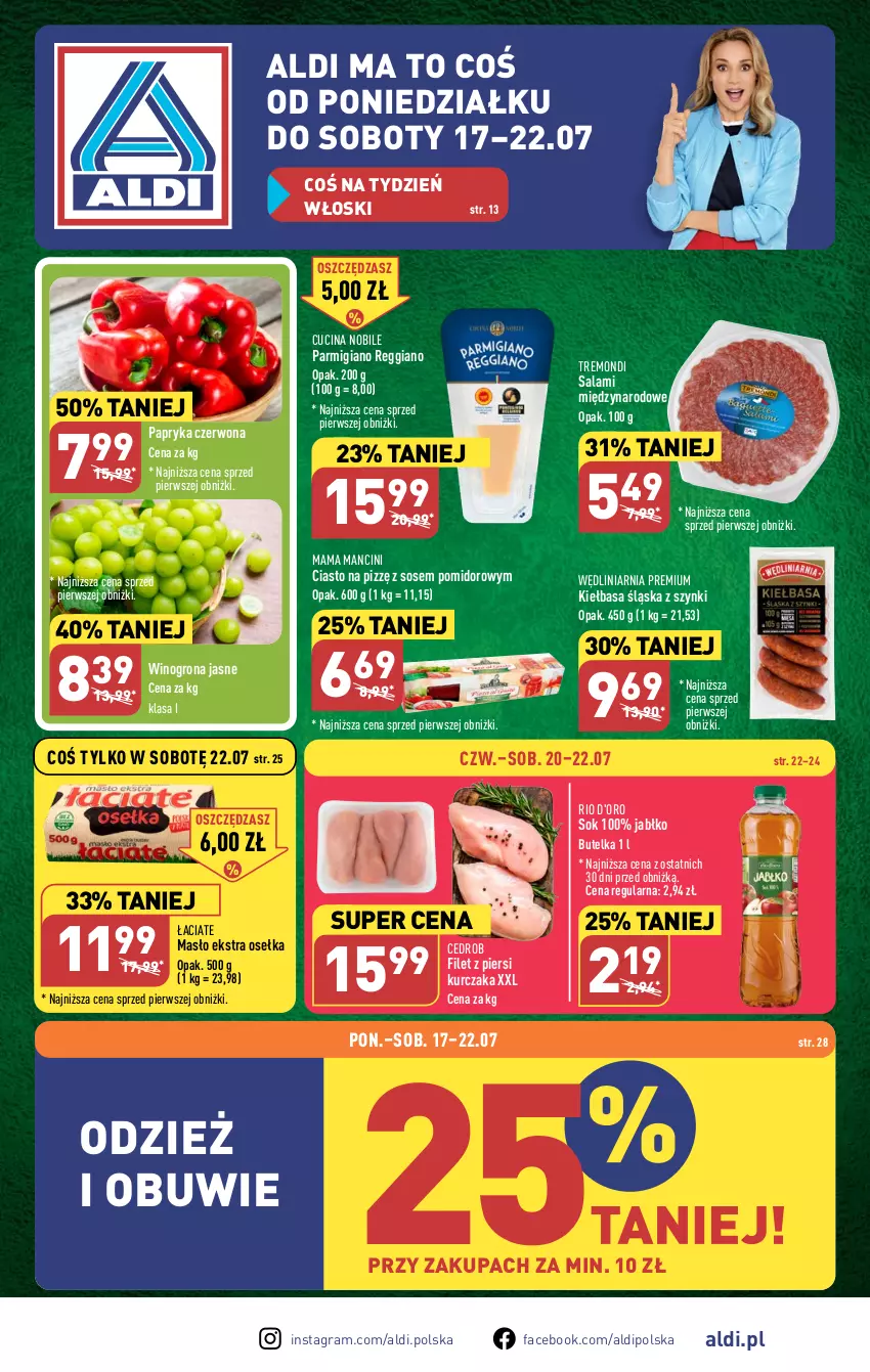 Gazetka promocyjna Aldi - Pełna oferta - ważna 17.07 do 22.07.2023 - strona 1 - produkty: Fa, Filet z piersi kurczaka, Gra, Kiełbasa, Kiełbasa śląska, Kurczak, Masło, Obuwie, Papryka, Papryka czerwona, Salami, Sok, Sos, Wino, Winogrona