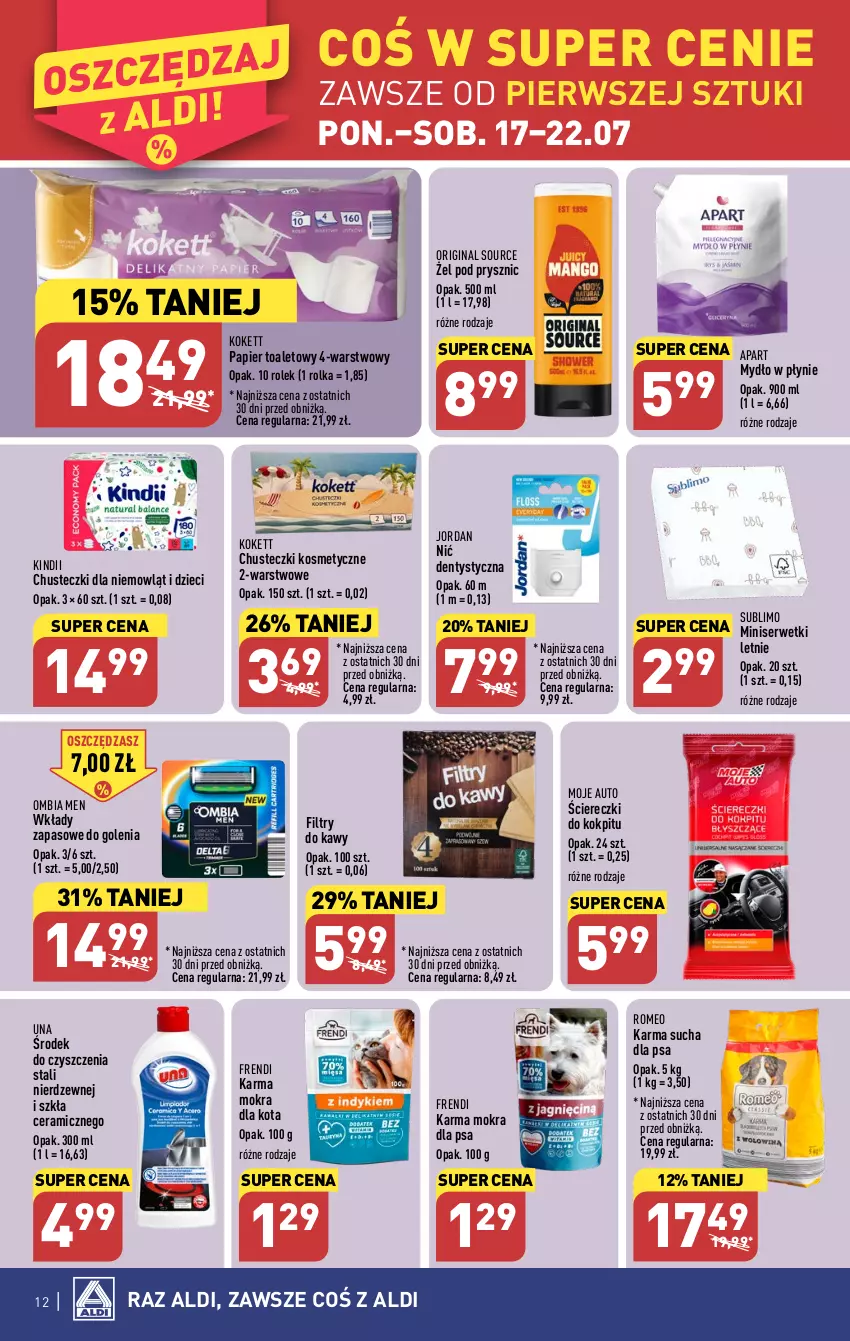 Gazetka promocyjna Aldi - Pełna oferta - ważna 17.07 do 22.07.2023 - strona 12 - produkty: Chusteczki, Chusteczki kosmetyczne, Dzieci, Gin, Kindii, Moje Auto, Mydło, Mydło w płynie, Nić dentystyczna, Papier, Papier toaletowy, Ser, Serwetki