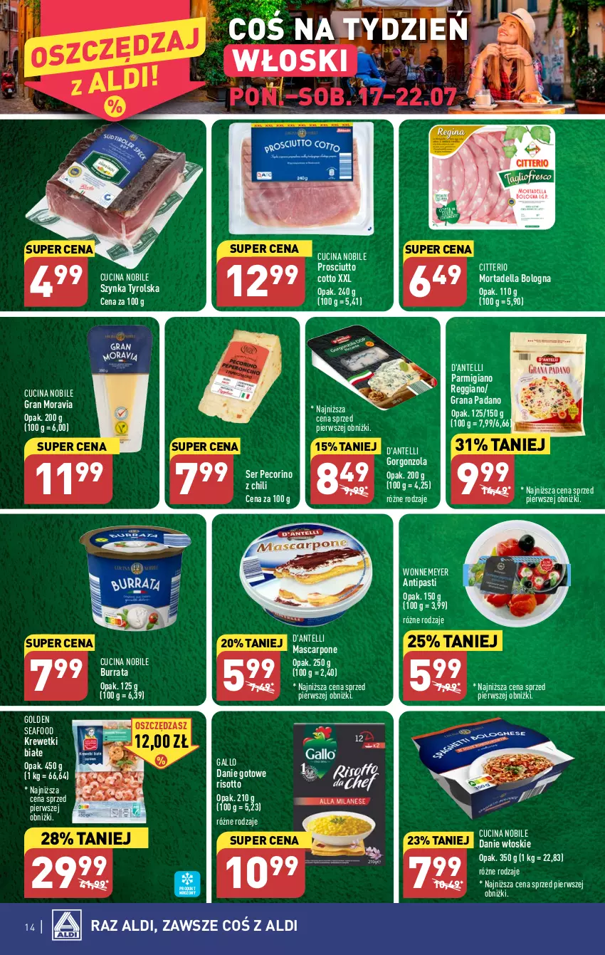 Gazetka promocyjna Aldi - Pełna oferta - ważna 17.07 do 22.07.2023 - strona 14 - produkty: Burrata, Danie gotowe, Dell, Golden Seafood, Gorgonzola, Gra, Krewetki, Mascarpone, Mortadella, Pecorino, Prosciutto, Ser, Szynka