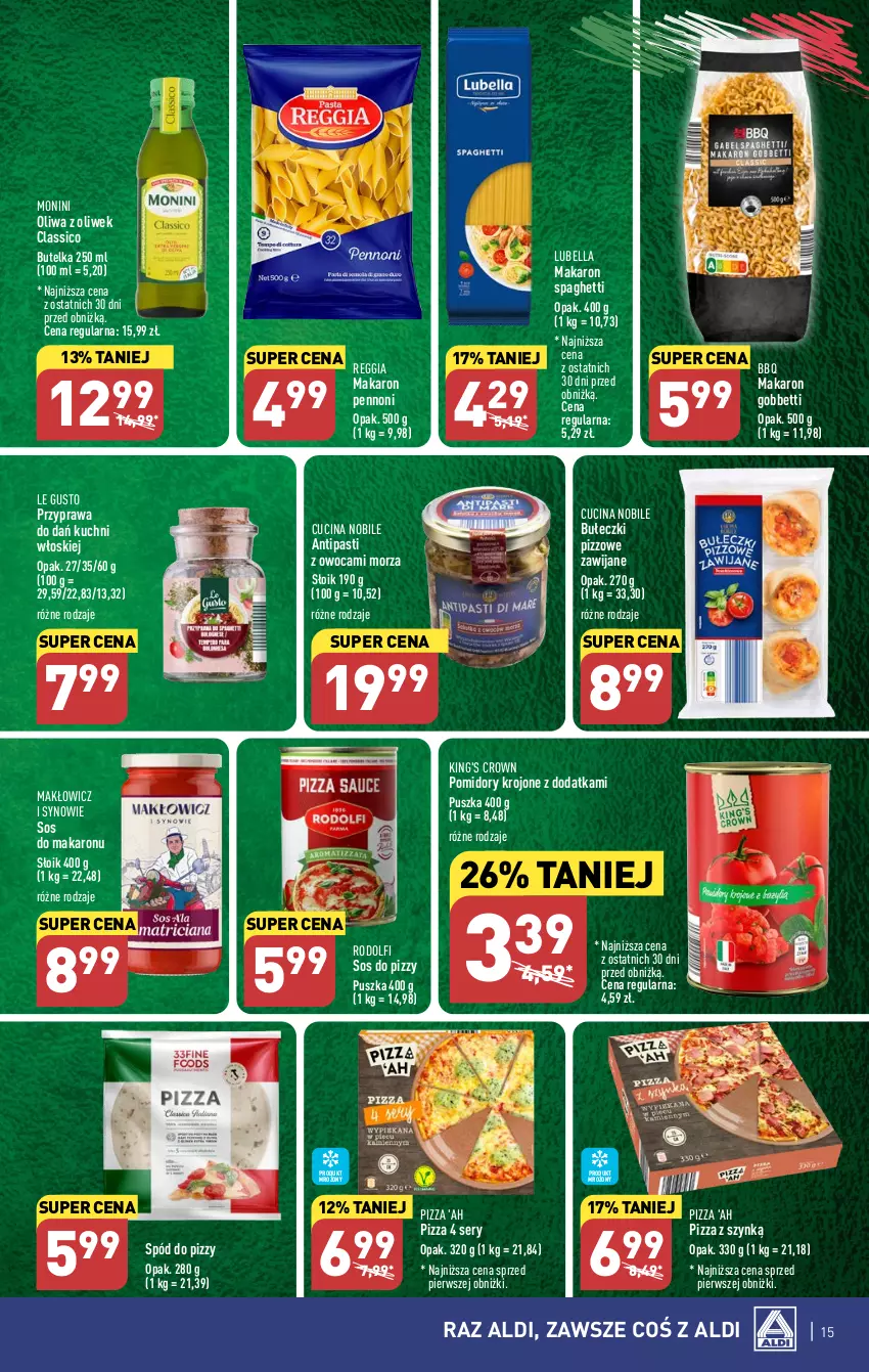 Gazetka promocyjna Aldi - Pełna oferta - ważna 17.07 do 22.07.2023 - strona 15 - produkty: Bell, Bella, Bułeczki, Lubella, Makaron, Monini, Odol, Oliwa z oliwek, Pizza, Pomidory, Pomidory krojone, Ser, Sos, Sos do makaronu, Sos do pizzy, Spaghetti, Spód do pizzy