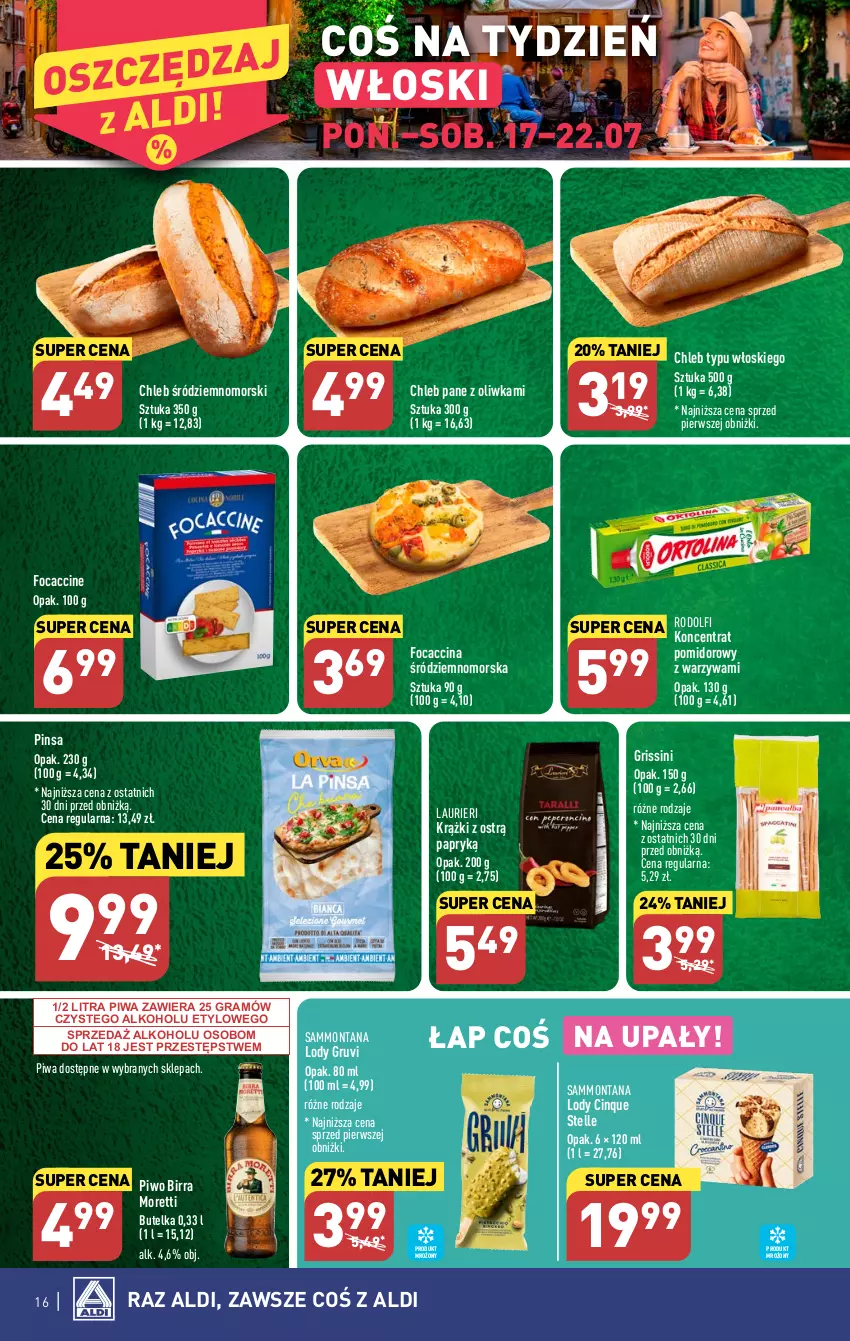 Gazetka promocyjna Aldi - Pełna oferta - ważna 17.07 do 22.07.2023 - strona 16 - produkty: Chleb, Chleb typu włoskiego, Gra, Grissini, Koncentrat pomidorowy, Laur, Lody, Odol, Piwa, Piwo, Warzywa