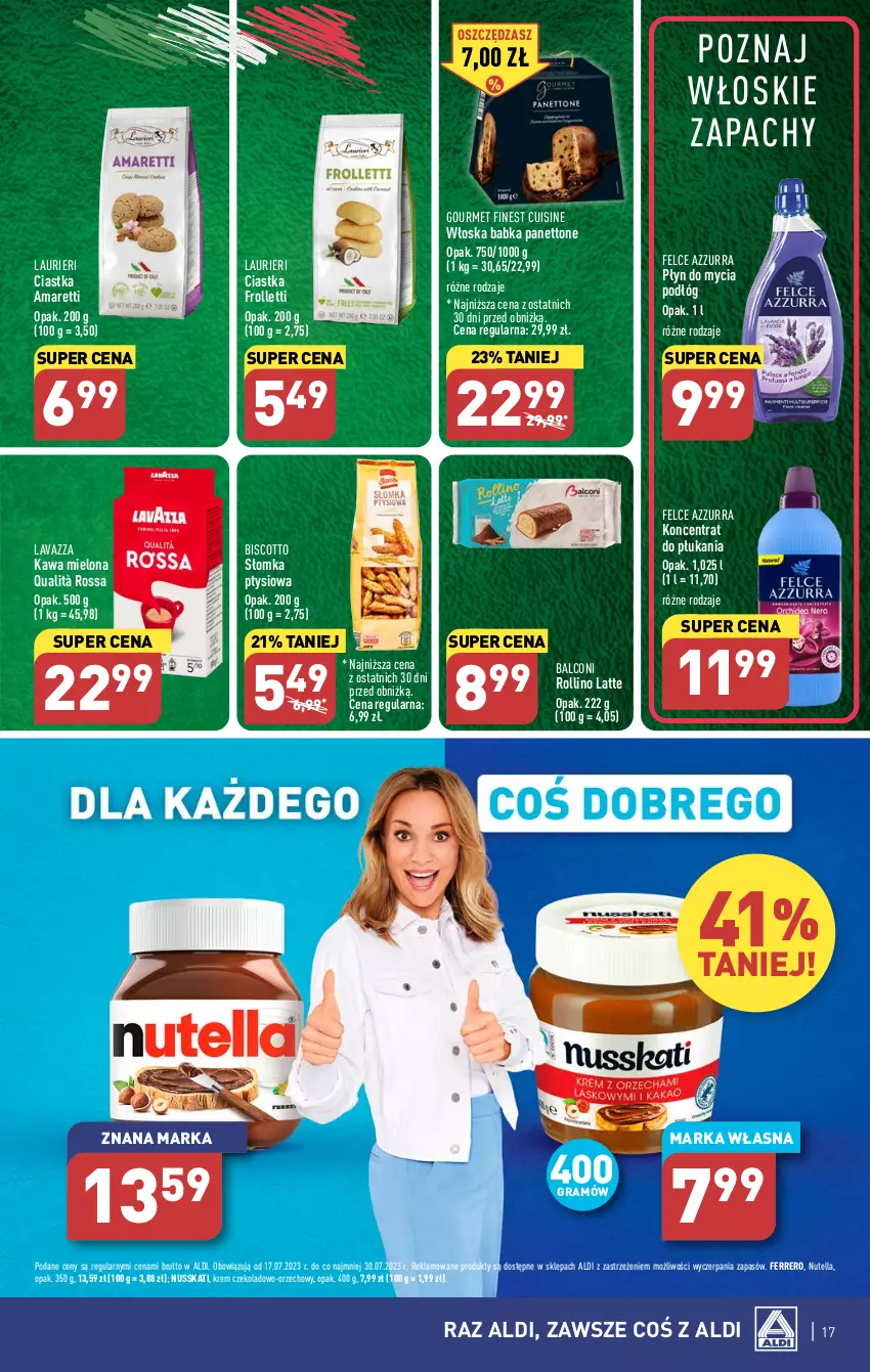 Gazetka promocyjna Aldi - Pełna oferta - ważna 17.07 do 22.07.2023 - strona 17 - produkty: Alcon, Babka, Ciastka, Ferrero, Gra, Kawa, Kawa mielona, Laur, Lavazza, Nutella, Płyn do mycia, Płyn do mycia podłóg