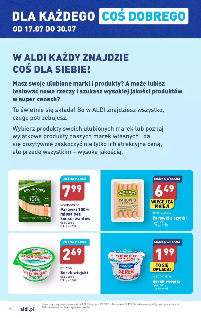 Gazetka promocyjna Aldi - Pełna oferta - ważna 17.07 do 22.07.2023 - strona 18 - produkty: Koc, Mleczna Rzeka, Parówki, Parówki z szynki, Piątnica, Ser, Serek, Serek wiejski, Sok