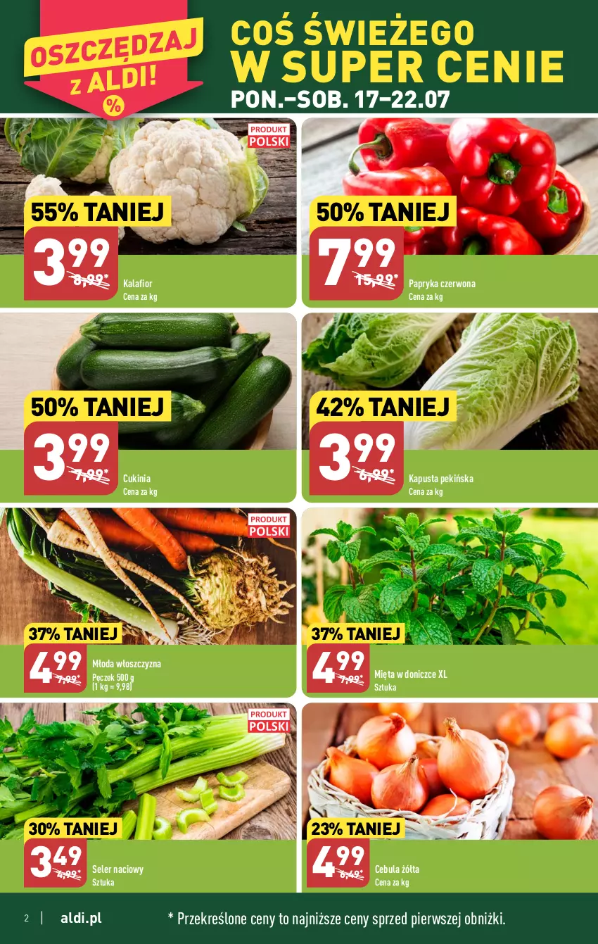 Gazetka promocyjna Aldi - Pełna oferta - ważna 17.07 do 22.07.2023 - strona 2 - produkty: Cebula, Kalafior, Mięta, Papryka, Papryka czerwona, Seler naciowy, Włoszczyzna pęczek